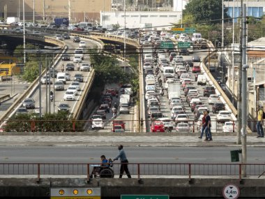 Sao Paulo, SP, Brazil, July 06, 2018. Heavy traffic on the East-West connection, Radial Leste Avenue, at morning day, in downtown Sao Paulo. clipart