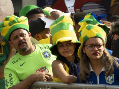 Sao Paulo, Brezilya. 06 Temmuz 2018. Brezilya ve Belçika, 2018 Dünya Kupası, Anhangaba Vadisi, Sao Paulo için geçerli arasında maç hayranları eşlik 