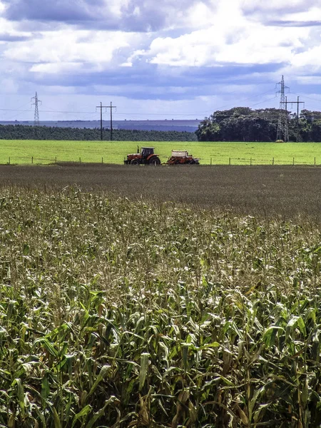 Traktor Mit Pflanzmaschine Soja Und Maisfeld Brasilien — Stockfoto