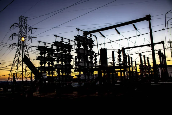 Puesta Sol Subestación Para Distribución Energía Eléctrica Brasil — Foto de Stock