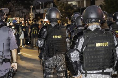 Sao Paulo, Brazil, June 07, 2020. Riot  prepared to prevent the entry of demonstrators in favor of democracy and against the Bolsonaro government on Pinheiros neighborhood in Sao Paulo clipart
