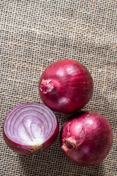 Red Onions Jute Background Brazil — Stock Photo, Image