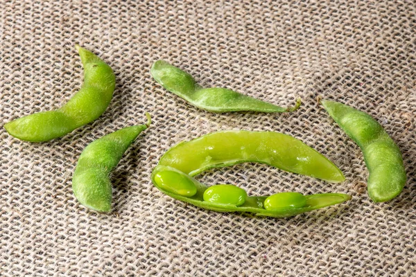 Edamame Bonen Groene Sojabonen Jute Achtergrond Brazilië — Stockfoto