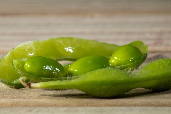 Edamame Beans Green Soybeans Wooden Table Brazil — Stock Photo, Image