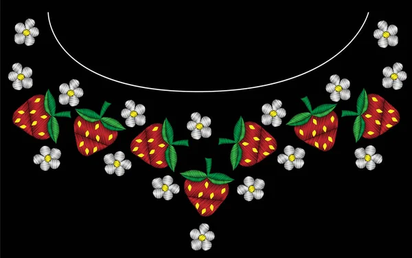 Πλαίσιο Κέντημα Φράουλα Και Λουλούδι Πράσινο Φύλλο Διάνυσμα Μοτίβο Κεντήματα — Διανυσματικό Αρχείο
