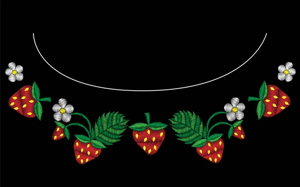 Cadre Broderie Avec Fraise Fleur Avec Feuille Verte Motif Broderie — Image vectorielle