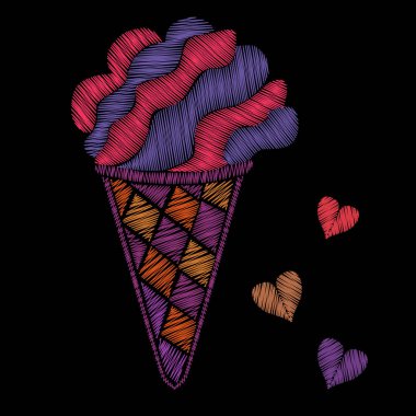 Yama tarzında vectorembroidery dondurma illüstrasyon izole. Nakış, etiket veya PIN renkli tasarım.