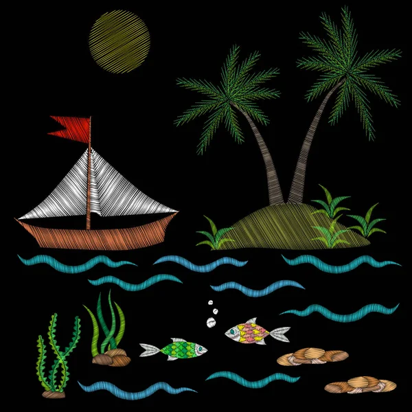 Broderie Palmier Bateau Sur Vague Avec Des Points Poissons Imitation — Image vectorielle