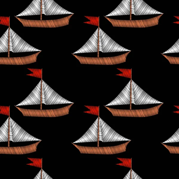 黒い背景に青い波刺繍ステッチ模倣と小さなボートは 船と水と刺繍ベクトル イラスト — ストックベクタ