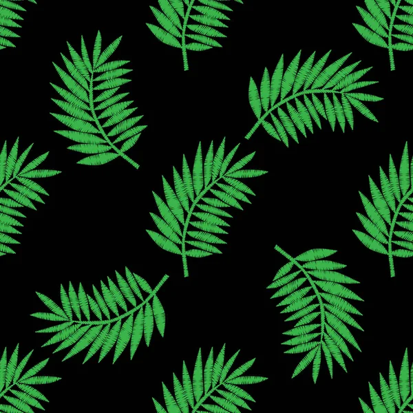 Palm Leaf Sömlösa Mönster Broderi Stygn Imitation Den Svarta Bakgrunden — Stock vektor