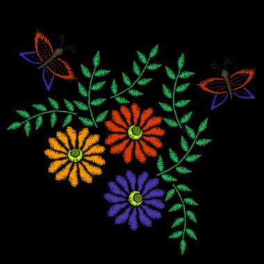 Renkli nakış dikiş İmitasyon halk ile çiçek kelebek ve yeşil yaprak. Siyah arka plan üzerine çiçek nakış deseni. Vektör nakış şablon kumaş, peçete ve diğer dekorasyon baskı almak için.