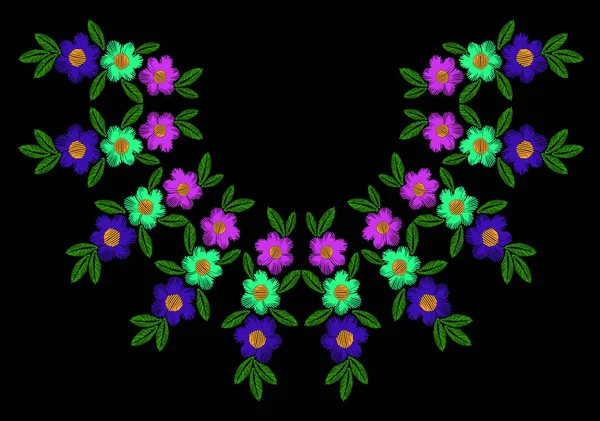 Bunte Blume Mit Blattrahmen Stickereien Nachahmung Blumenkranz Für Halsausschnitt Auf — Stockvektor