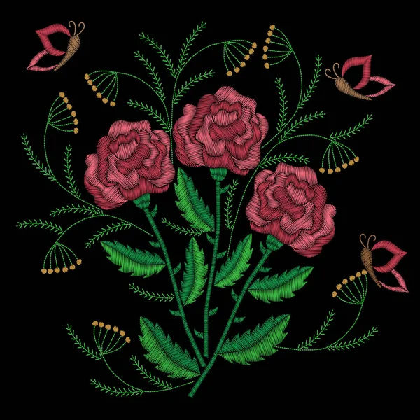 Вишивка Швом Імітує Червоні Троянди Метеликом Модна Вишивка Троянди Квітка — стоковий вектор