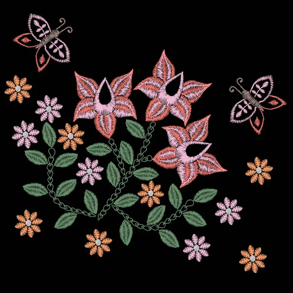 Вышивка Накладывает Швы Имитируя Народные Цветы Бабочек Цветок Вышивки Моды — стоковый вектор