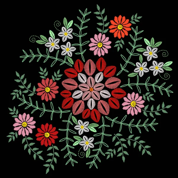 Renkli çiçek, çimen ve yeşil yaprak ile nakış dikiş taklidi. Vektör nakışı çiçek halk desenli kumaş ve diğer dekorasyon baskı almak için siyah arka plan üzerine.