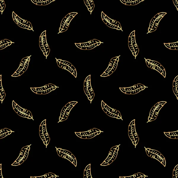 Золотое Маленькое Перо Бесшовный Рисунок Черном Фоне Современный Векторный Рисунок — стоковый вектор