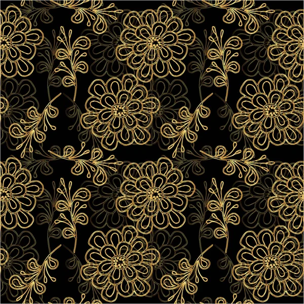 Blume Goldene Linie Nahtlose Muster Auf Dem Schwarzen Hintergrund Zum — Stockvektor