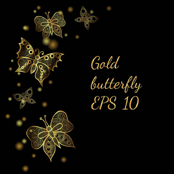 Shiny golden line butterflies on the black background. Butterfly in shiny luxury golden colored. Vector illustration