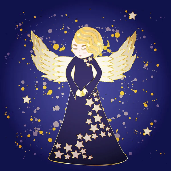 Χαριτωμένο Άγγελος Στο Μπλε Φόρεμα Αστέρι Για Φωτισμό Σκούρο Φόντο — Διανυσματικό Αρχείο