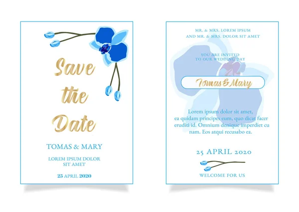 Modèle Invitation Mariage Mariage Événement Avec Orchidée Bleue Texte Invités — Image vectorielle