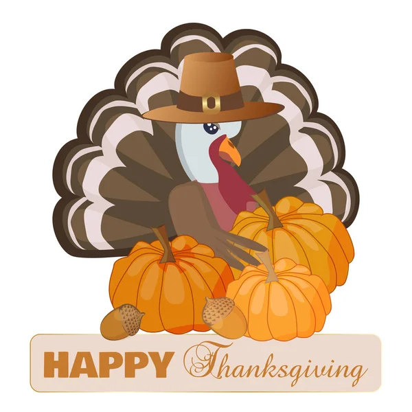 Happy thanksgiving card with cartoon turkey and pumpkin. Thanksgiving card. Vector illustration