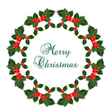 Vektör Christmas Merry Christmas metin çerçevesiyle yuvarlak. Noel çelenk kırmızı dut ve yeşil yaprak ile.