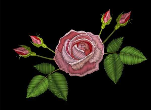 Stickerei rosa Rose Blume mit Knospe und grünem Blatt — Stockvektor