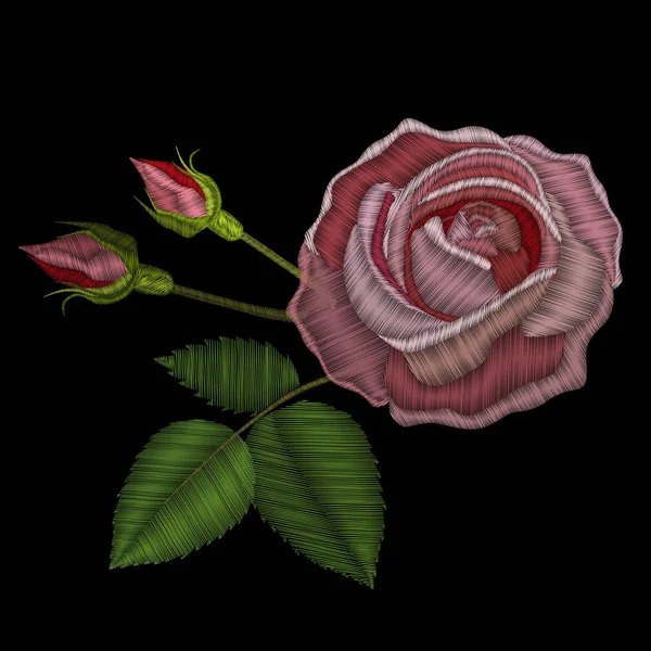 Broderi rosa ros blomma med knopp och gröna blad — Stock vektor