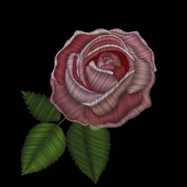 Stickerei rosa Rose Blume mit grünem Blatt — Stockvektor