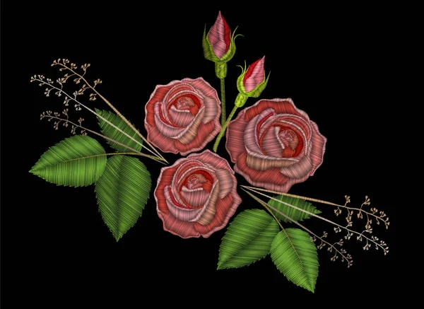 Bordado Rosa Rosa Flor Con Brote Hoja Verde Bordado Puntadas — Vector de stock