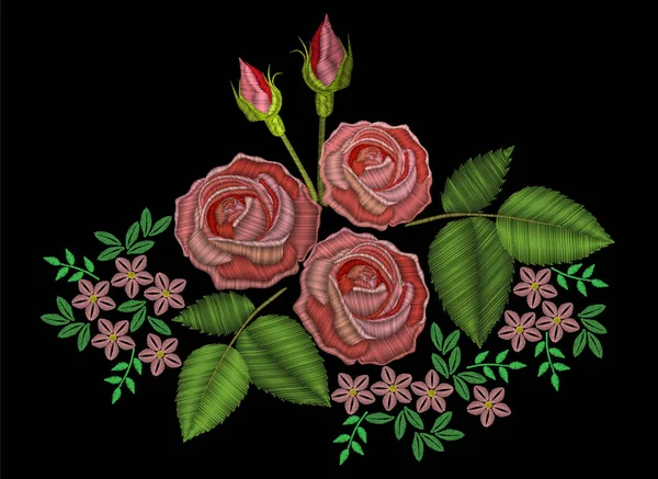Stickerei Rosa Rosenblüte Mit Knospe Und Grünem Blatt Stickstiche Imitieren — Stockvektor