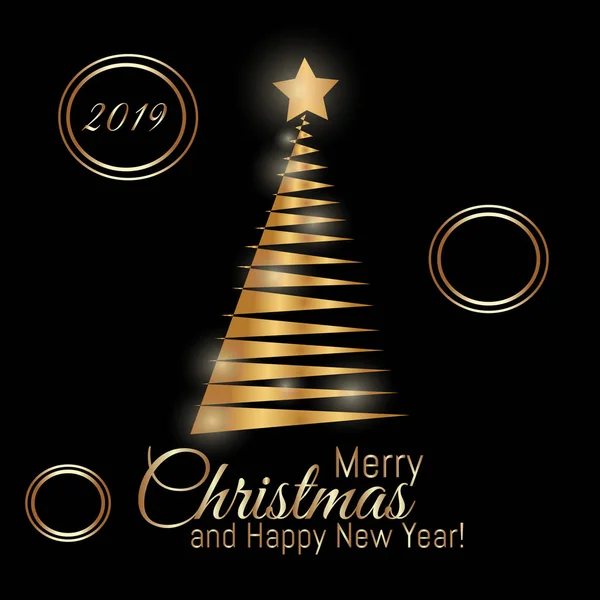 Tarjeta Gold Merry Christmas Con Árbol Año Nuevo Con Número — Vector de stock
