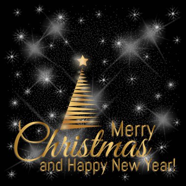 Yeni yıl ağacı ve siyah ışık arka plan Star'da altın neşeli Noel kartı. Neşeli Noel kutlaması için güzel Xmas ağacı.