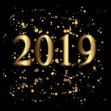 Altın 2019 numaralarını ışıltılı konfeti ve siyah noktalar