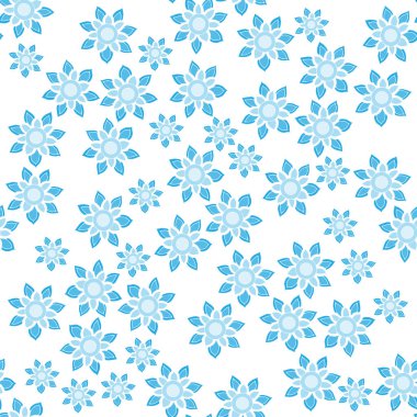 Açık mavi çiçek süsü ile basit dikişsiz desen. Beyaz zemin üzerinde mavi çiçek dikişsiz arka plan.
