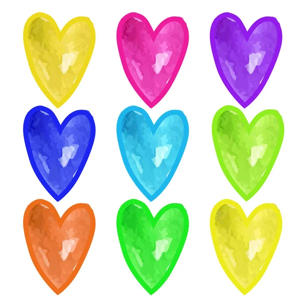 Watercolor Multicolor Heart Set White Background Love Watercolor Heart — Stock Vector