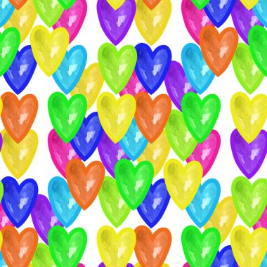 Sulu Boya Dikişsiz desen beyaz arka plan üzerinde çok renkli kalpli. Sulu Boya Dikişsiz arka plan ile kalp seviyorum.