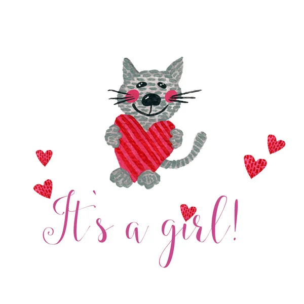 Nursery inscription of phrase its a girl with cat and heart