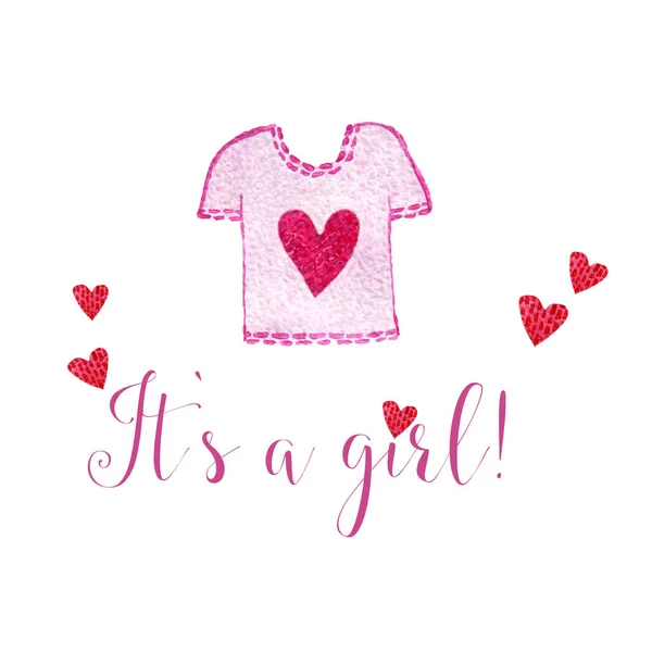 Nursery inscription of phrase its a girl with pink shirt — Stock Photo, Image