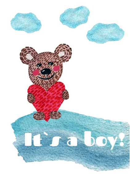 Nursery inscription of phrase its a boy with bear and heart — Stock Photo, Image