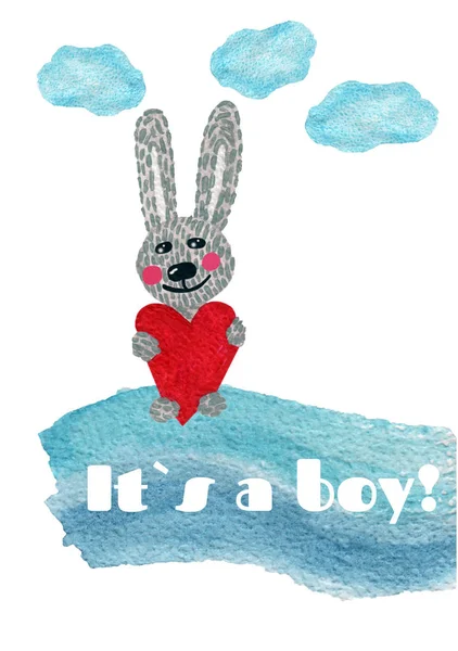 Nursery inscription of phrase its a boy with cute bunny and hear — Stock Photo, Image