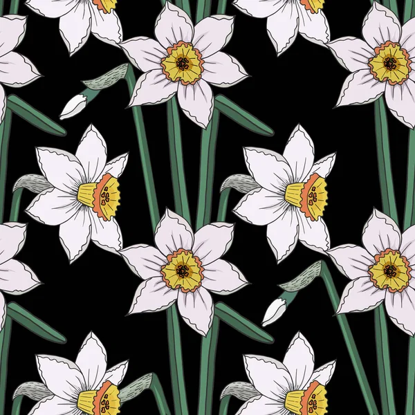 Narcissus květinové bezešvé pozadí izolované na černém — Stockový vektor