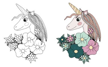 Siyah çizgiyle tek boynuzlu at, uzun saç ve kitap o boyama için çiçek