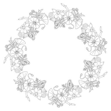 Haşhaş çiçekleri ve narcissus, yonca ve cornf ile çerçeve çiçek