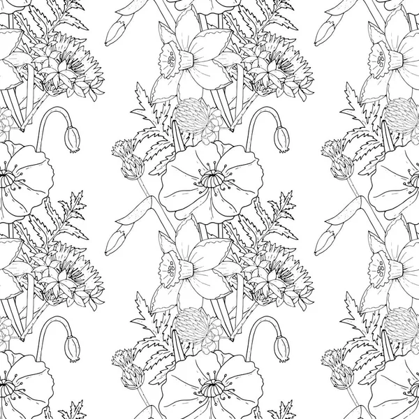 Fondo sin costura floral con flores de amapola y narciso, clo — Vector de stock