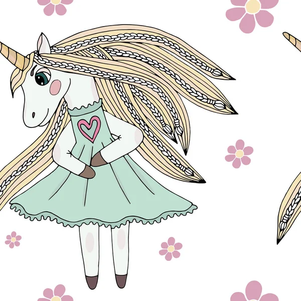 Pola mulus dengan Unicorn dengan rambut panjang dengan bunga - Stok Vektor