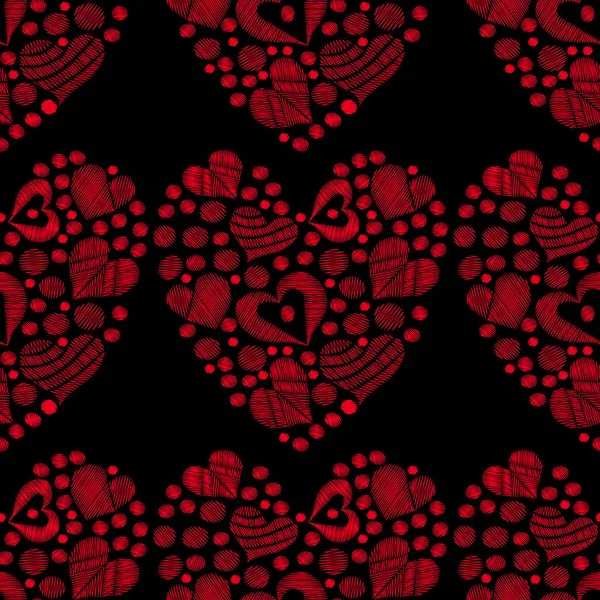 Patrón sin costuras con puntadas de bordado corazón rojo imitación en — Vector de stock