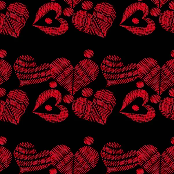 Patrón sin costuras con puntadas de bordado corazón rojo imitación en — Vector de stock