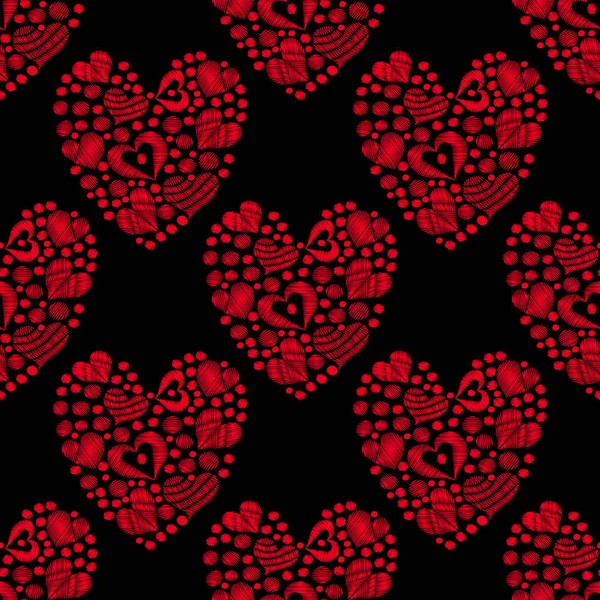 Seamless pattern with red heart embroidery stitches imitation on — Stock Vector