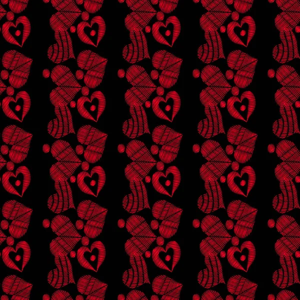 Patrón sin costuras con puntadas de bordado corazón rojo imitación en — Vector de stock